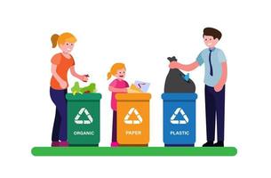 les gens ou la famille mettent des ordures sur les ordures avec le symbole de tri du plastique recyclé, du bio et du papier dans un vecteur d'illustration plat de dessin animé