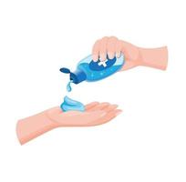 les gens utilisent un produit désinfectant pour les mains, se lavent les mains avec un désinfectant antibactérien pour les mains, gel de désinfection dans un vecteur d'illustration réaliste de dessin animé isolé sur fond blanc