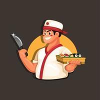 Concept de mascotte de restaurant de cuisine japonaise traditionnelle de sushi de chef en vecteur d'illustration de dessin animé