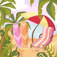 l'été sur la plage. palmiers et plantes autour. vecteur de dessin animé. vacances d'été