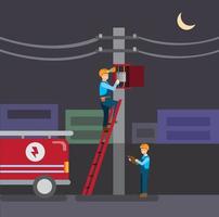 électricien réparant le panneau électrique, panne de la ville la nuit vecteur