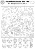 noir et blanc en dessous de le mer recherche Jeu avec mer paysage, sous-marin, plongeur. place caché objets. Facile océan la vie chercher et trouver imprimable coloration page pour enfants. l'eau animaux chasser vecteur