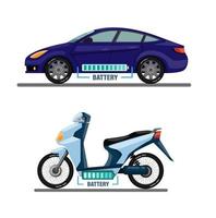 véhicule électrique, voiture et moto avec concept de symbole d'information de barre de batterie dans le vecteur d'illustration de dessin animé