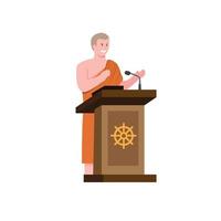 moine bouddhiste dans le discours du podium et au public dans le vecteur d'illustration plat de dessin animé isolé sur fond blanc
