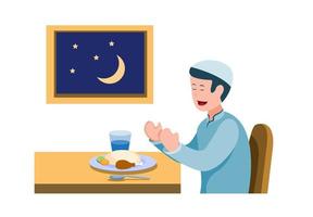 l'homme prie avant le repas pour rompre le jeûne, activité musulmane mangeant pour le jeûne pendant la saison du ramadan. vecteur d'illustration plat de dessin animé