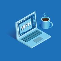 wfh - travail à domicile, illustration avec ordinateur portable et tasse à café en vecteur isométrique isolé en bleu