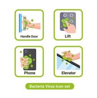 infection par le virus de la bactérie par contact avec la main dans l'espace public et icône de collection de gadgets dans une illustration plate de dessin animé vecteur