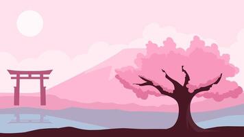 paysage illustration de Cerise fleur et torii porte avec Montagne vecteur