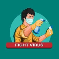 combattre le symbole du virus avec un homme asiatique tenant un désinfectant et un thermomètre vérifier le concept d'avatar illustration de dessin animé vecteur