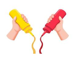main tenant et pressant du plastique de bouteille de moutarde et de ketchup sur la nourriture dans le vecteur d'illustration plat de dessin animé