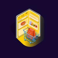réfrigérateur ouvert sur smartphone avec panier d'achat, symbole de l'illustration isométrique de l'application alimentaire de la boutique en ligne vecteur