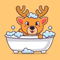 dessin animé mignonne cerf baignade dans baignoire rempli avec mousse vecteur