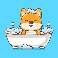 dessin animé mignonne chien baignade dans baignoire rempli avec mousse vecteur