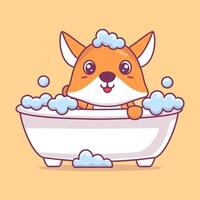 dessin animé mignonne Renard baignade dans baignoire rempli avec mousse vecteur