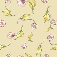 , transparent, floral modèle de rose tulipe sur brillant Jaune Contexte. main tiré fleur avec feuilles. parfait pour été projets. vecteur