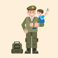 soldat portant des enfants, soldat rentrant du devoir vecteur d'illustration