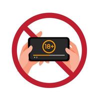 icône de signe de campagne porno de montre d'arrêt, symbole d'avertissement vidéo mature avec vecteur d'illustration plat dessin animé main et smartphone isolé sur fond blanc