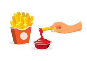 tremper les frites à la main dans la sauce tomate. symbole de menu de restauration rapide de pomme de terre de collation dans le vecteur d'illustration de dessin animé