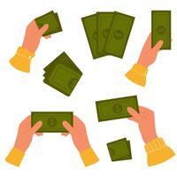 collection avec mains en portant papier vert argent. en espèces devise concept. papier dollar billet de banque dans main vecteur