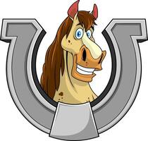 souriant cheval tête dessin animé mascotte personnage dans une fer à cheval vecteur