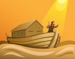 Noé dans l'arche en grande inondation dans le concept de scène biblique dans le vecteur d'illustration de dessin animé