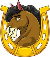 cheval tête dessin animé mascotte personnage dans une fer à cheval vecteur