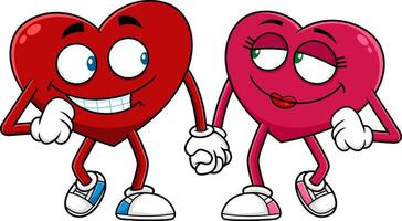 l'amour rouge cœurs couple dessin animé personnages marcher en portant mains vecteur