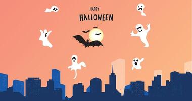 une Halloween salutation carte. des fantômes et chauves-souris mouche plus de le nuit ville. illustration vecteur