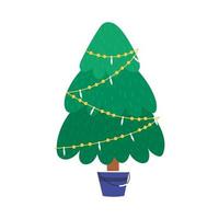 arbre de Noël dessiné à la main dans un seau ou un pot, illustration vectorielle plane isolée sur fond blanc. arbre mignon décoré de guirlande. vecteur