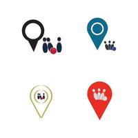logo, icônes et symbole de concept de point de carte de bowling. boule de bowling et illustration vectorielle de broche. vecteur