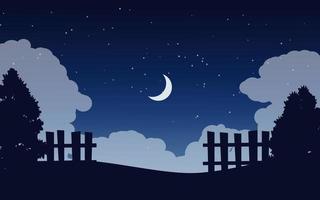 belle nuit avec silhouette d'arbres et clôture vecteur