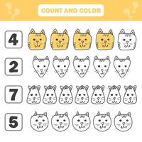compte et jeu de couleurs pour les enfants d'âge préscolaire - chats mignons. feuille de travail pour les enfants vecteur