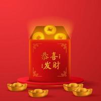 joyeux Nouvel An chinois. illustration d'enveloppe rouge avec pièce d'or et argent d'or de lingot de sycee yuan bao sur l'affichage du produit de la scène du podium du cylindre vecteur