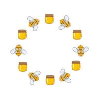 cadre vectoriel rond d'abeilles et de miel. création de logo pour les fermes, les ruchers et l'apiculture. fête du miel et des produits de la ruche. illustration de dessin animé de vecteur.