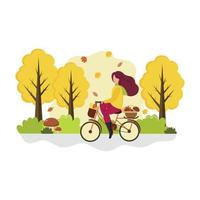 une fille fait du vélo à travers la forêt d'automne pour les champignons. le concept de loisirs de plein air, de sports et de santé. illustration de plat de dessin animé de vecteur. vecteur