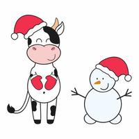un taureau mignon dans un bonnet de Noel et des mitaines rouges fait un bonhomme de neige. année du taureau 2021. illustration pour le nouvel an et noël. carte de vœux, élément de design, salutation. bonne année et noël vecteur