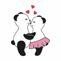 deux pandas mignons s'embrassent et s'aiment. illustration de dessin animé de vecteur pour la Saint-Valentin. dessiner des animaux drôles pour les enfants garçons et filles. panda sur fond blanc isolé