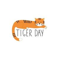 le tigre mignon se trouve le jour du tigre d'inscription. illustration de dessin animé de vecteur. logo d'une entreprise respectueuse de l'environnement, fonds de sauvetage de la nature, parc national. illustration pour enfants. vecteur