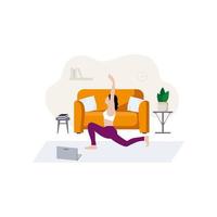 une fille mince fait du sport assise à la maison près du canapé. intérieur de maison confortable et formation en ligne à domicile. yoga et relaxation. concept et infographie de formation en ligne, cours de sport à distance vecteur