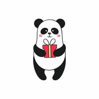 panda détient un cadeau pour anniversaire, nouvel an ou noël. illustration de dessin animé pour enfants festifs. autocollant amusant pour les publications sur les réseaux sociaux et Internet. dessin d'un panda sur fond blanc vecteur