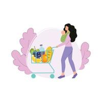 une belle mère avec un nouveau-né en écharpe dans ses bras est allée au magasin pour faire du shopping avec un panier de produits. faire ses courses dans une épicerie. fruits et nourriture. illustrations vectorielles à plat. vecteur