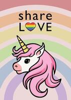 partager l'amour carte avec mignonne Licorne sur lgbt arc en ciel Contexte. fierté mois carte vecteur