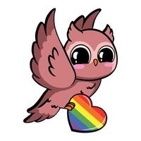 mignonne peu hibou en volant et en portant une arc en ciel lgbt cœur. fierté mois autocollant vecteur