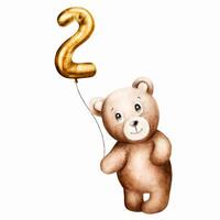aquarelle mignonne dessin animé nounours ours avec d'or déjouer ballon nombre 2 sur une chaîne. main tiré bébé illustration isolé sur blanc vecteur