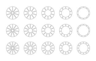 cercle division sur dix, 11, 12 égal les pièces. roue rond divisé diagrammes dix, onze, Douze segments. ensemble de infographie. encadrement blanc. section graphique. tarte, Pizza graphique Icônes. contour Donut graphiques. vecteur