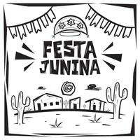 festa junina. brésilien juin festival. signe avec chapeau sur Haut et paysage au dessous de vecteur