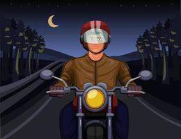 équitation de nuit avec moto dans le concept de scène de forêt sombre en vecteur d'illustration de dessin animé