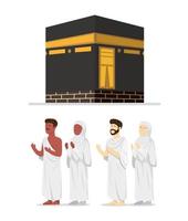 les musulmans portant l'ihram hajj avec l'icône du bâtiment kabah dans le vecteur d'illustration plat de dessin animé isolé sur fond blanc