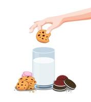 biscuits biscuit et lait frais, trempage à la main des chips de choco biscuit au lait dans un verre. vecteur d'illustration de dessin animé isolé sur fond blanc
