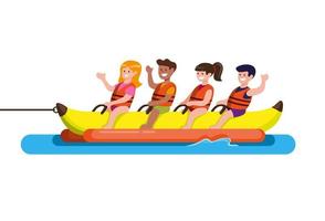 les gens montent sur un bateau banane, des sports nautiques à la plage. vecteur d'illustration plat de dessin animé isolé sur fond blanc